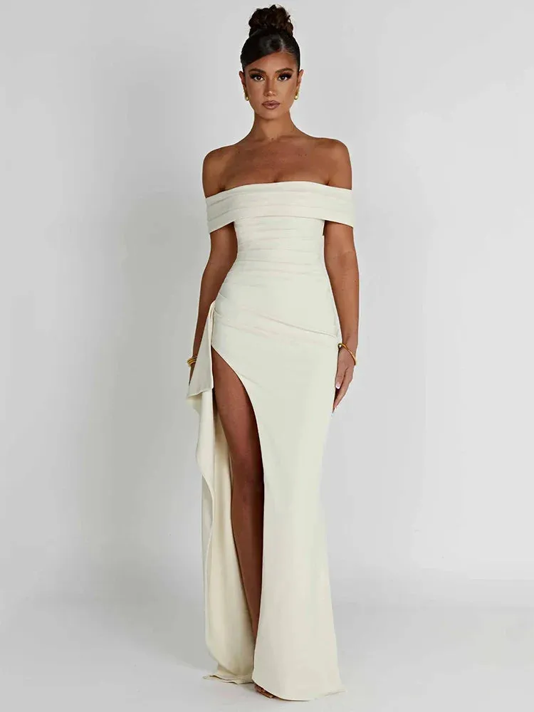 Amozae-A Elegant Off-shoulder High Split Maxi Dress Women Fashion Strapless Sleeveless Backless Bodycon Club Party Sexy Dress
