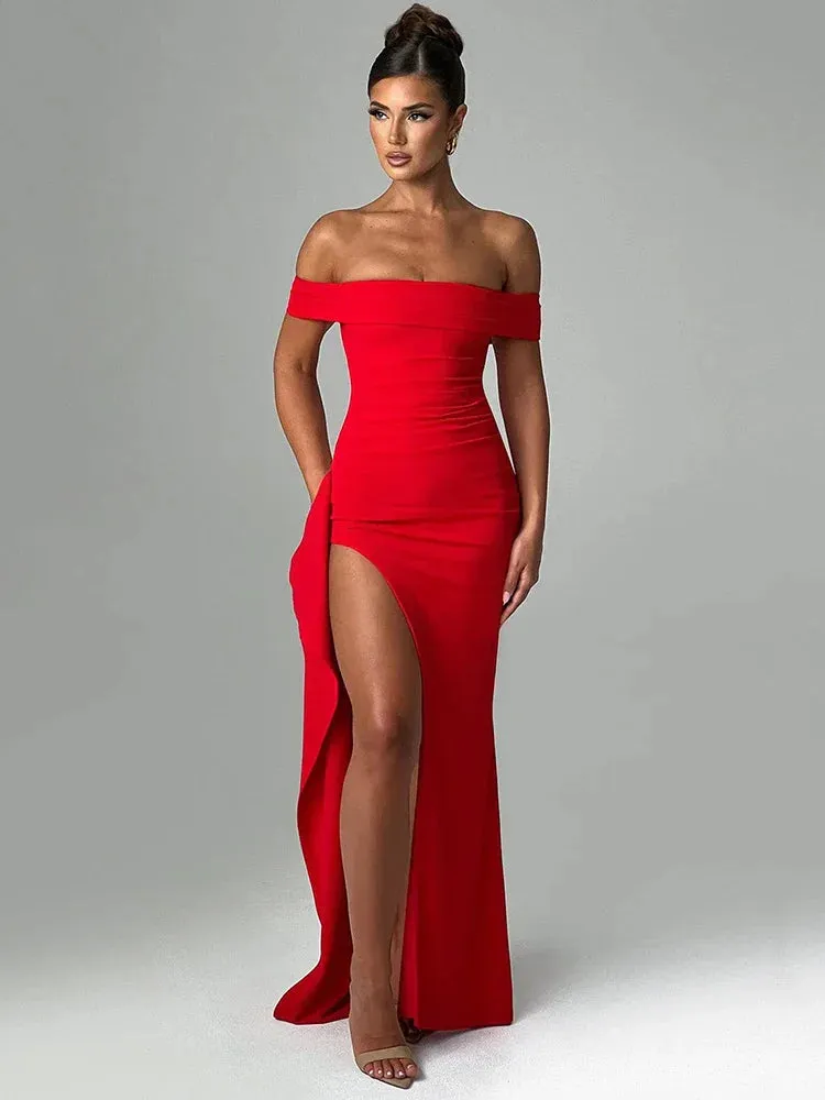 Amozae-A Elegant Off-shoulder High Split Maxi Dress Women Fashion Strapless Sleeveless Backless Bodycon Club Party Sexy Dress
