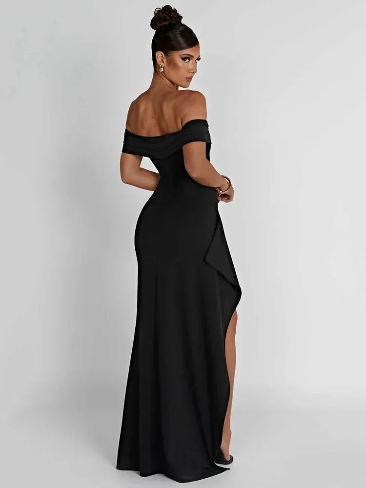 Amozae-A Elegant Off-shoulder High Split Maxi Dress Women Fashion Strapless Sleeveless Backless Bodycon Club Party Sexy Dress
