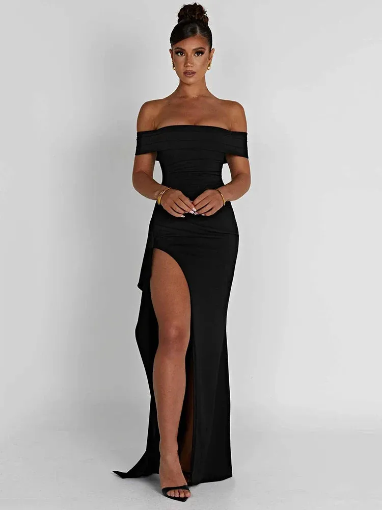 Amozae-A Elegant Off-shoulder High Split Maxi Dress Women Fashion Strapless Sleeveless Backless Bodycon Club Party Sexy Dress