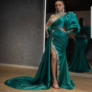 Amozae- Evening Party Dress Women Elegant Beading Side Split Satin Lantern Sleeve Green Wedding Prom Gown Long Maxi Dresses 2024