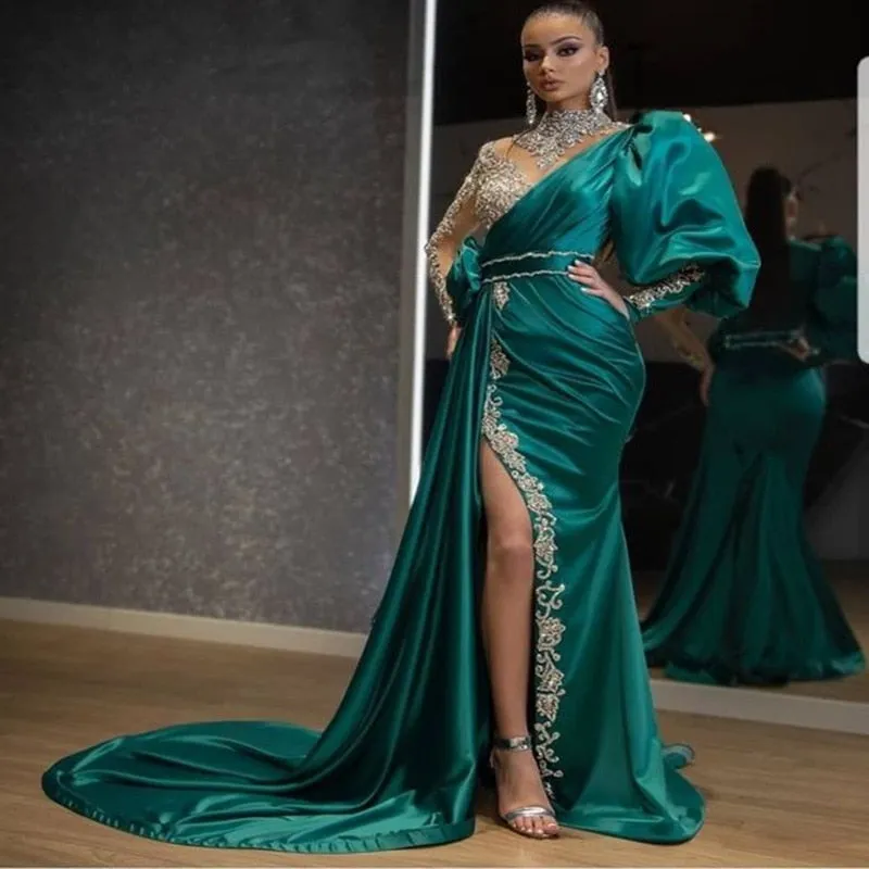 Amozae- Evening Party Dress Women Elegant Beading Side Split Satin Lantern Sleeve Green Wedding Prom Gown Long Maxi Dresses 2024