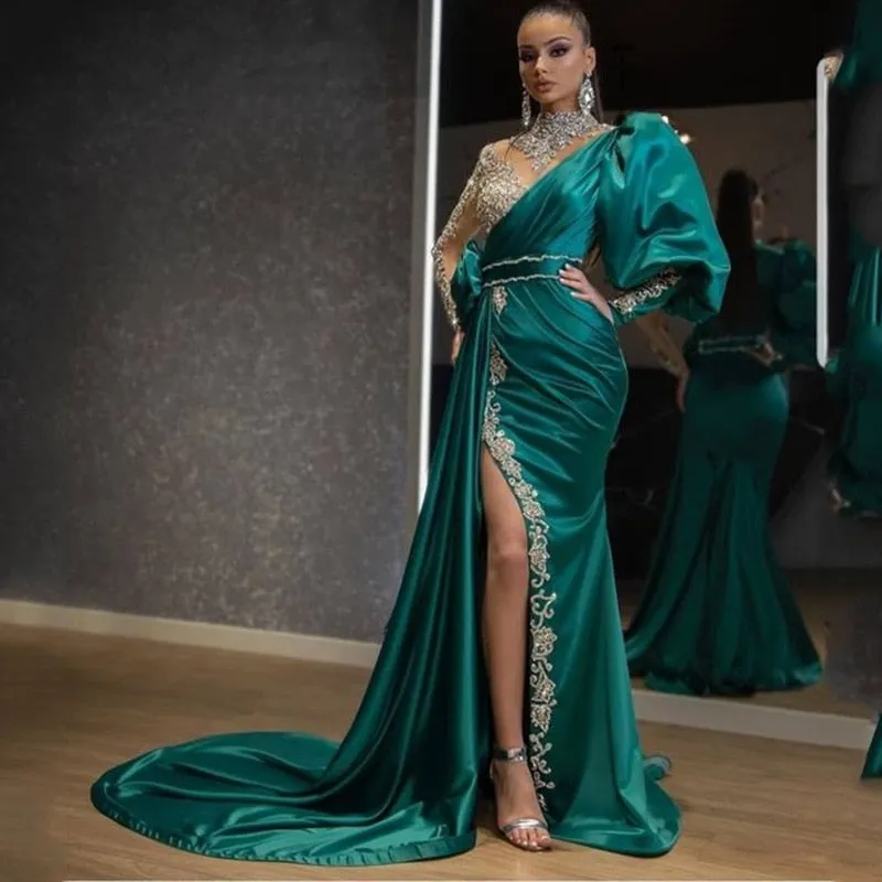 Amozae- Evening Party Dress Women Elegant Beading Side Split Satin Lantern Sleeve Green Wedding Prom Gown Long Maxi Dresses 2024