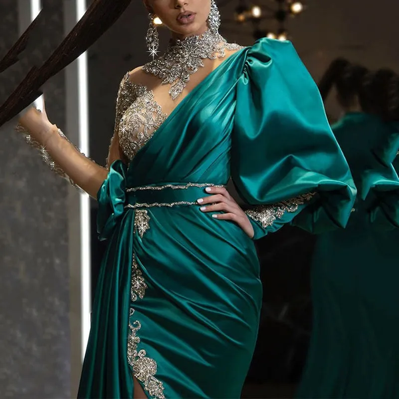 Amozae- Evening Party Dress Women Elegant Beading Side Split Satin Lantern Sleeve Green Wedding Prom Gown Long Maxi Dresses 2024