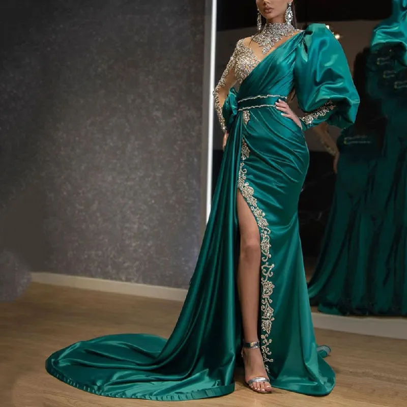 Amozae- Evening Party Dress Women Elegant Beading Side Split Satin Lantern Sleeve Green Wedding Prom Gown Long Maxi Dresses 2024