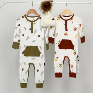Belan.J Bundle - Pocket Romper Orchard   Pocket Romper Pine Cones   White Knitted Beanie