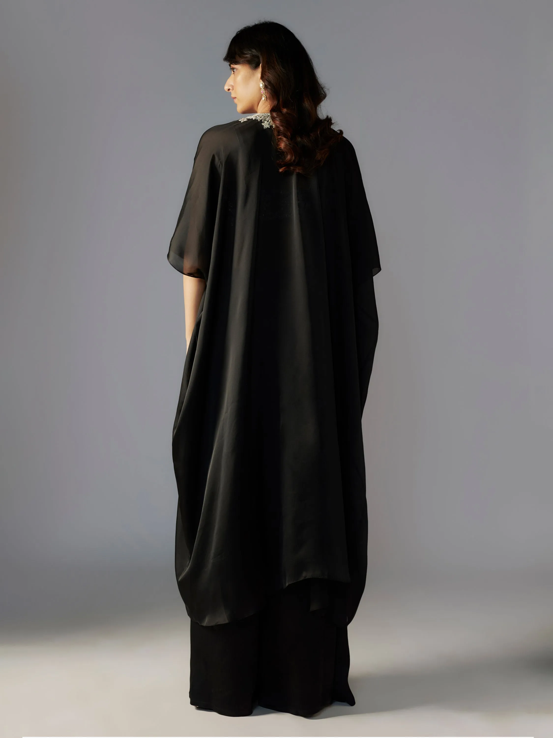 Black Embroidered Crepe Satin Sharara Set with Cape