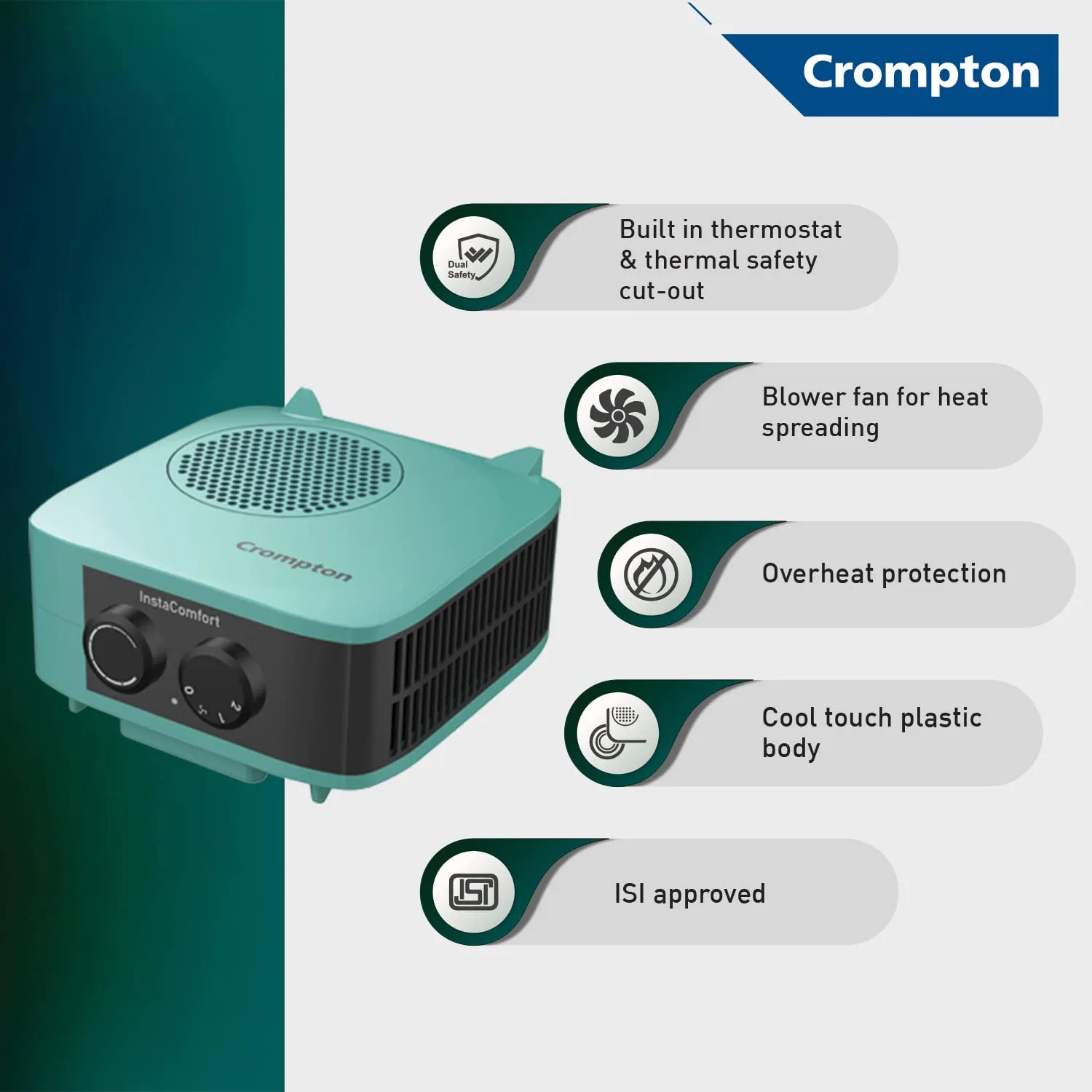 Crompton Insta Comfort Heater 2000 Watts Heat Convector with Adjustable Thermostats, Hybrid Cyan, Standard