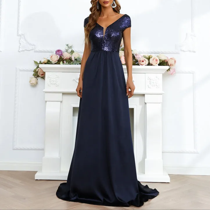 Fashion V-Neck Stitching Gown Dress