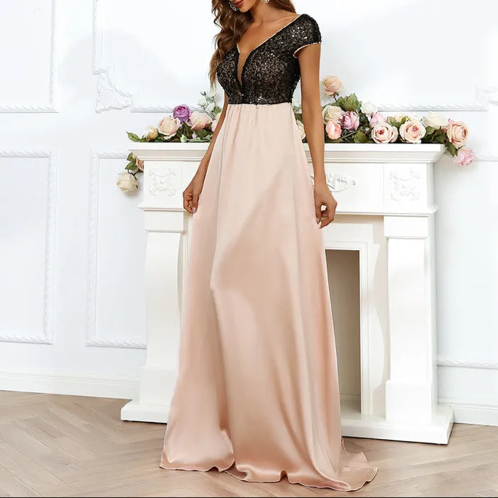 Fashion V-Neck Stitching Gown Dress