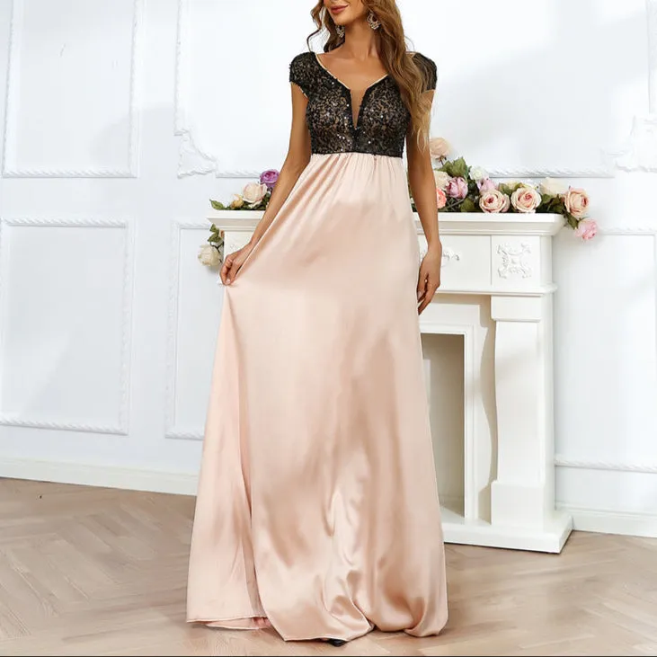Fashion V-Neck Stitching Gown Dress