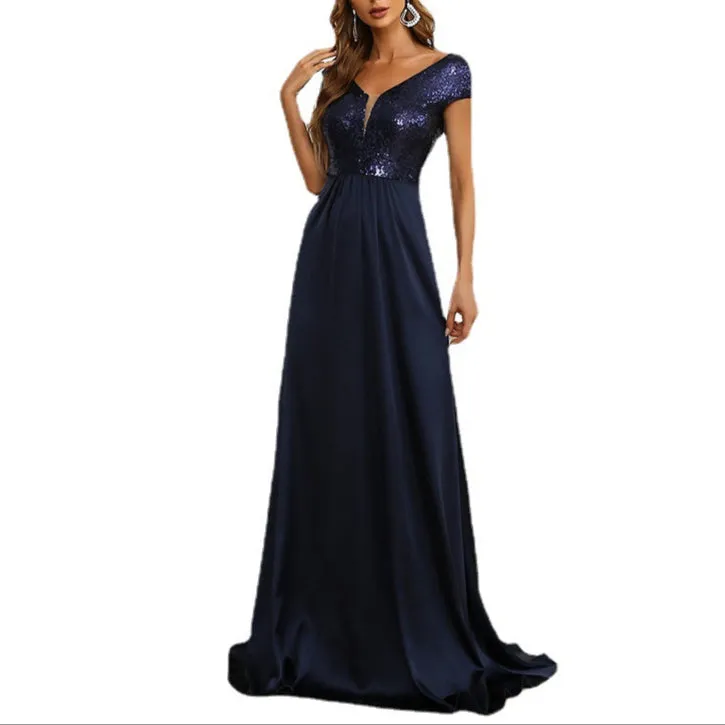 Fashion V-Neck Stitching Gown Dress
