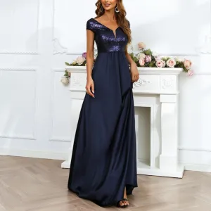 Fashion V-Neck Stitching Gown Dress
