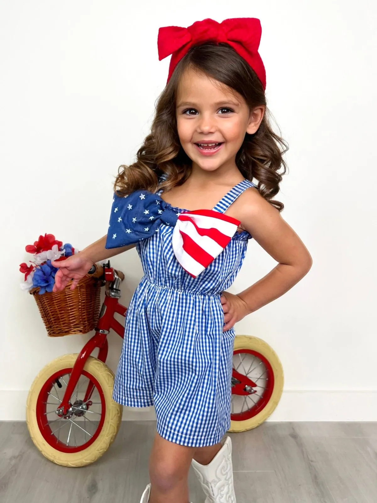 Girls Blue Belle Americana Bow Gingham Romper