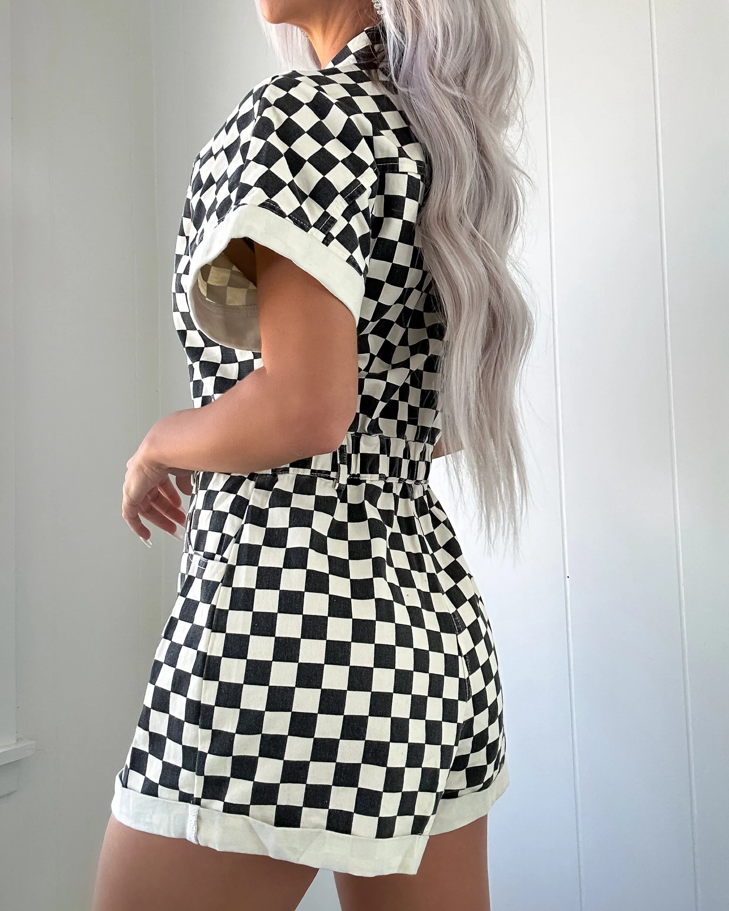 Gridiron Style Checkered Romper - Black