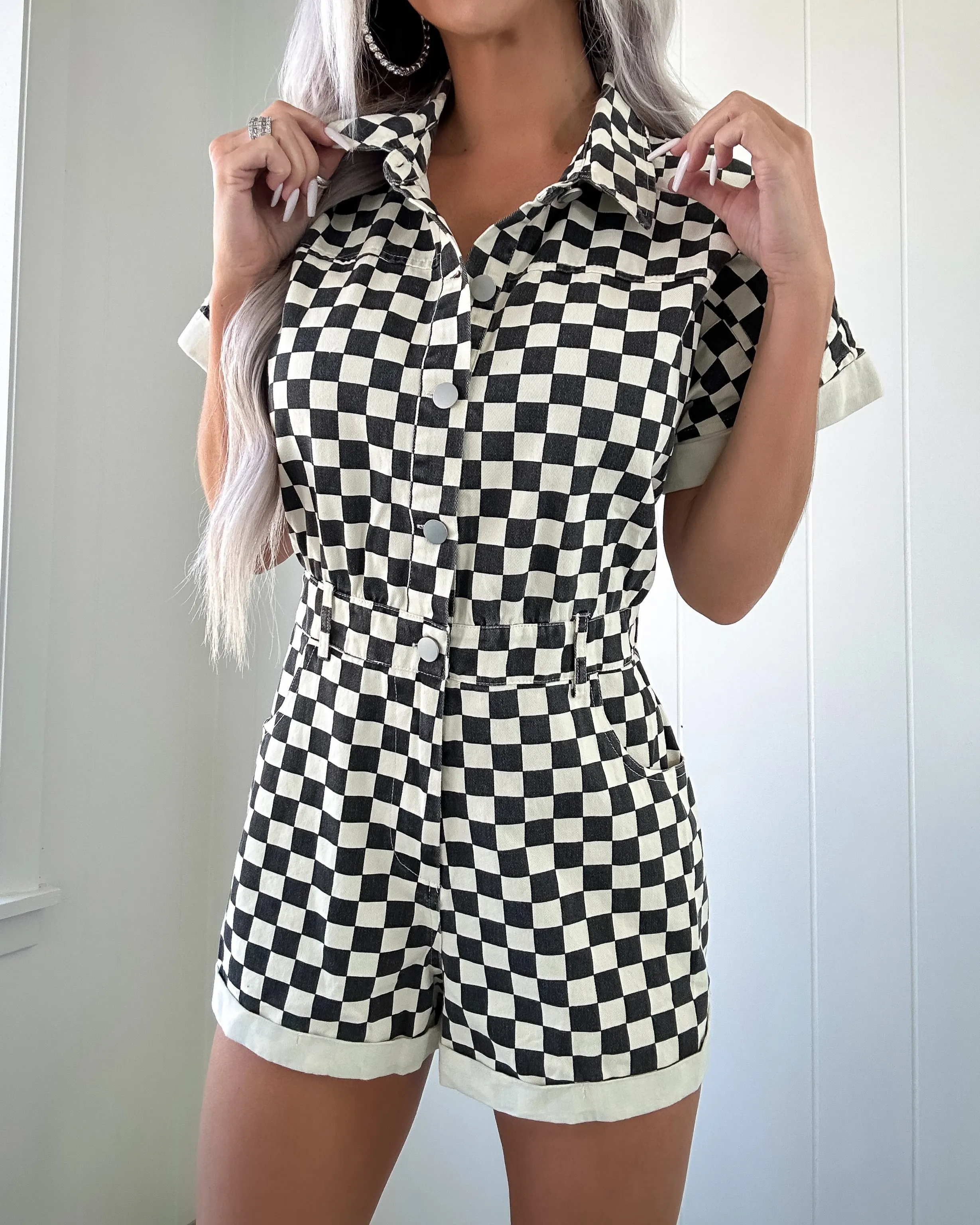 Gridiron Style Checkered Romper - Black