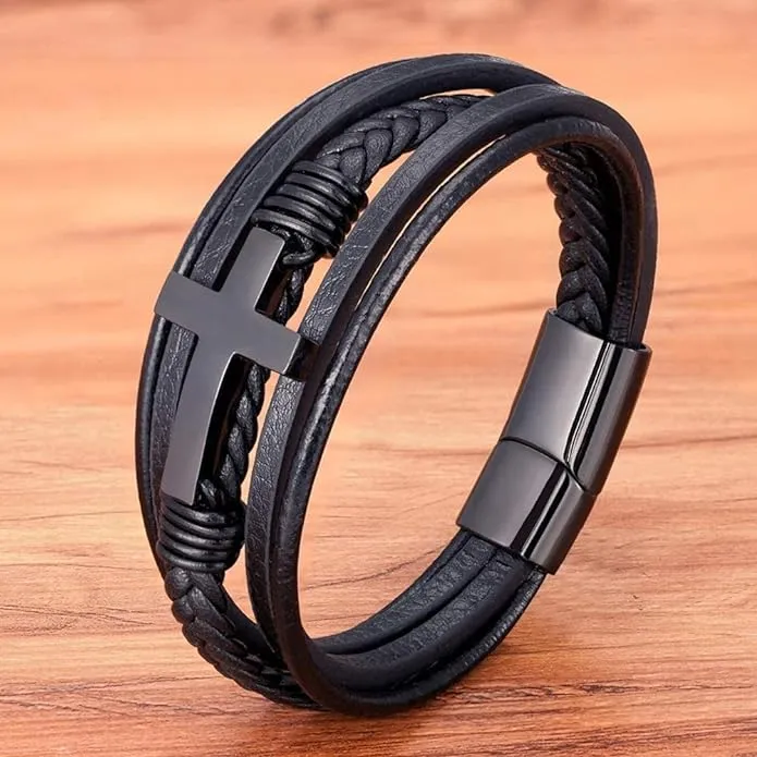 Men's Cross Multi-Layer Braided Leather Bracelet