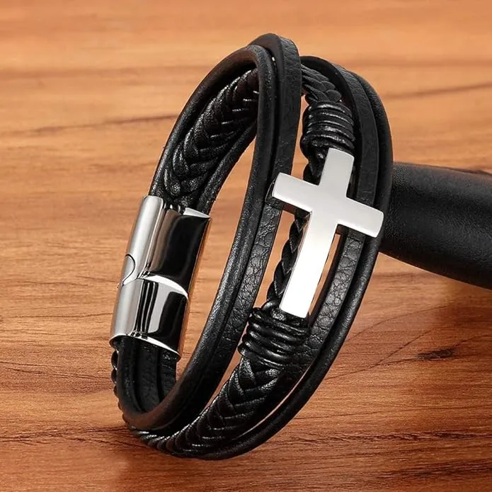 Men's Cross Multi-Layer Braided Leather Bracelet