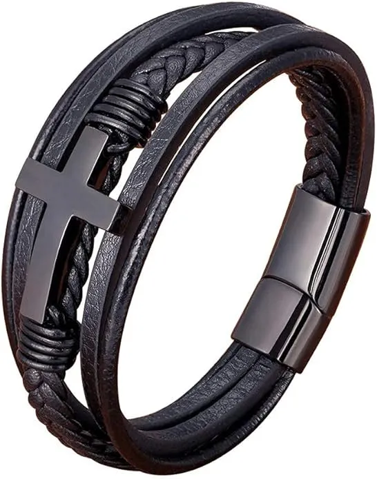 Men's Cross Multi-Layer Braided Leather Bracelet