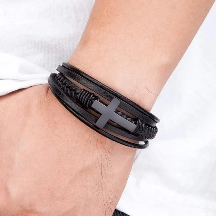 Men's Cross Multi-Layer Braided Leather Bracelet