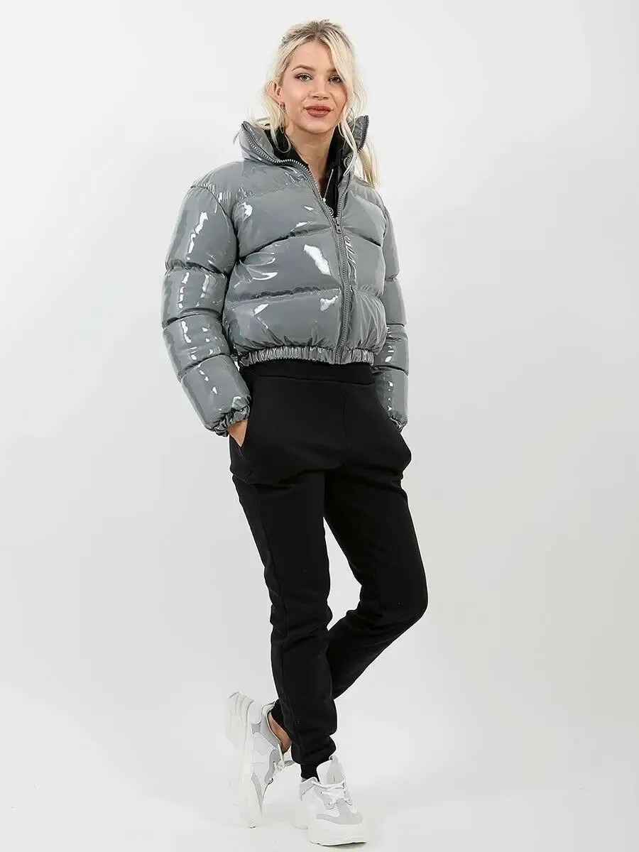 New Crop Bubble Puffer Coat Winter Parkas Faux PU Leather Warm Long Sleeve Women Outerwear Zipper Casual Solid Slim Hot Jacket