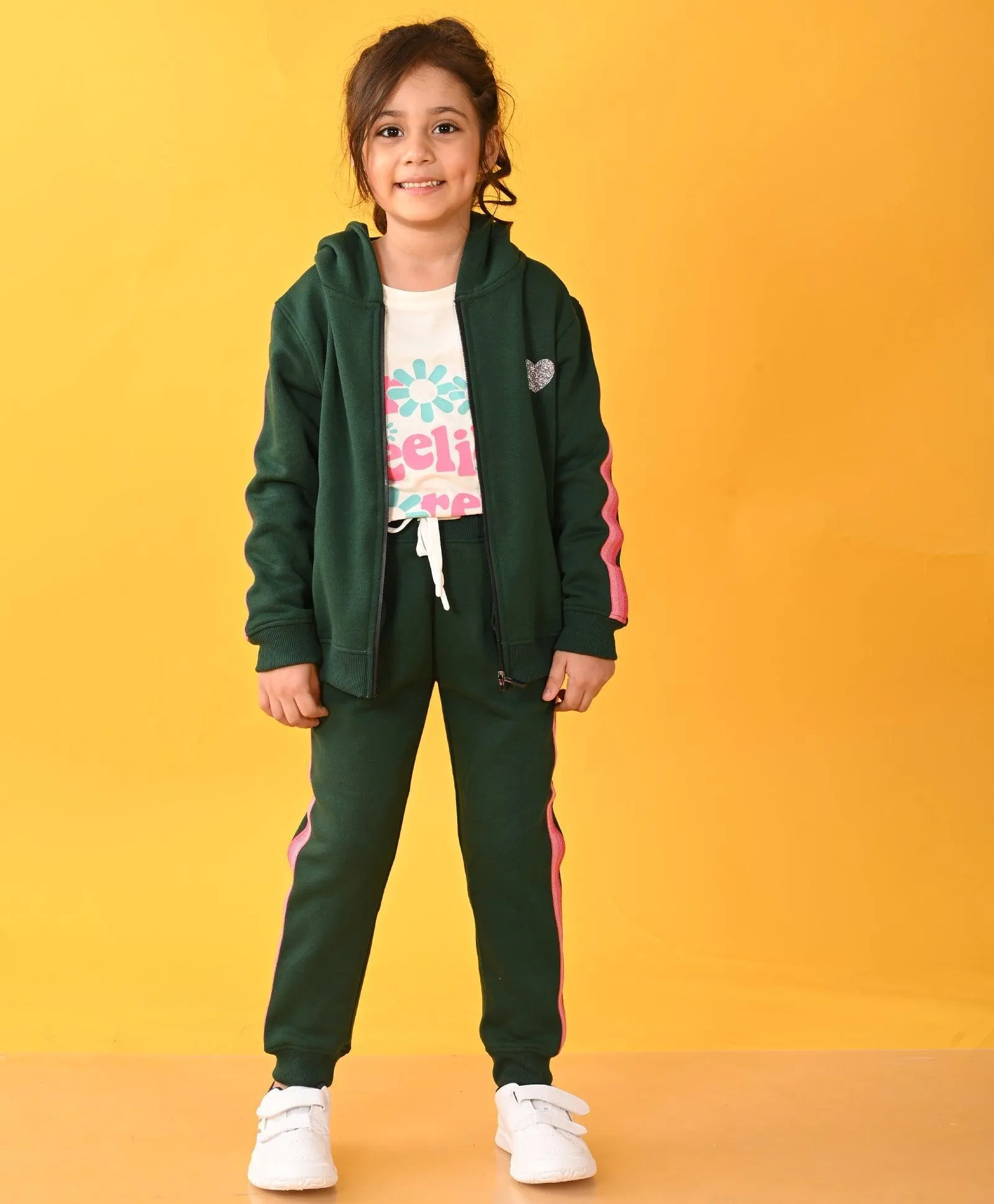 OLIVE FLEECE PINK GLITTER TAPE ZIPPER HOODIE JOGGER SET - OLIVE