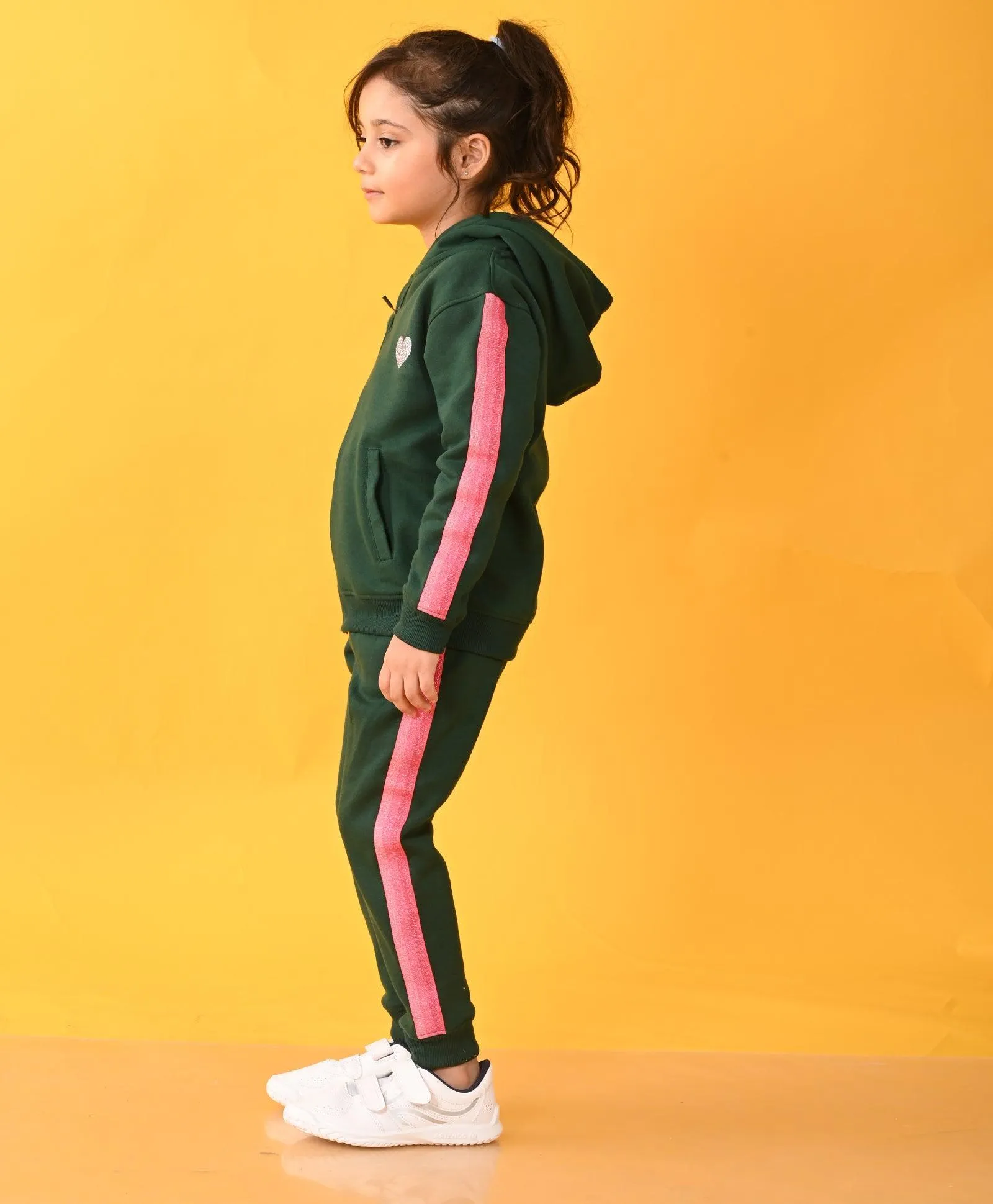 OLIVE FLEECE PINK GLITTER TAPE ZIPPER HOODIE JOGGER SET - OLIVE