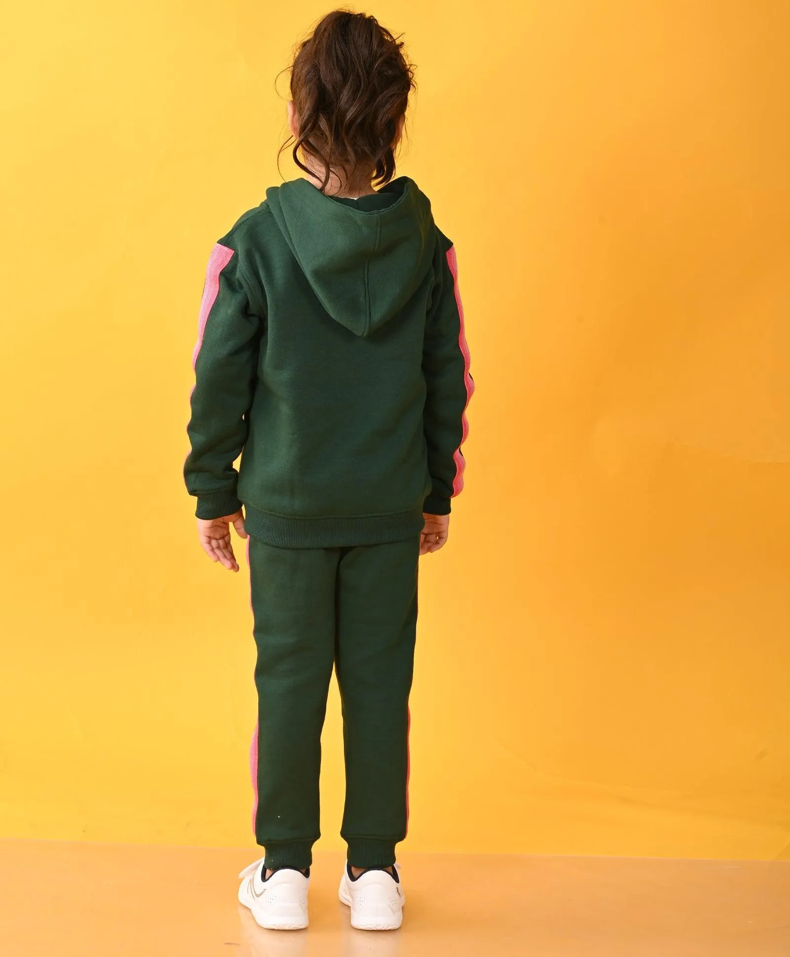 OLIVE FLEECE PINK GLITTER TAPE ZIPPER HOODIE JOGGER SET - OLIVE