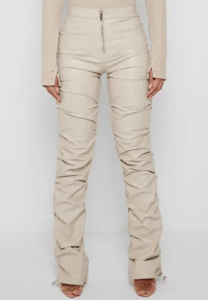 PADDED VEGAN LEATHER FLARED PANTS-BEIGE