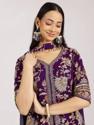 Purple Embroidered Jacket Style Georgette Sharara Suit Set