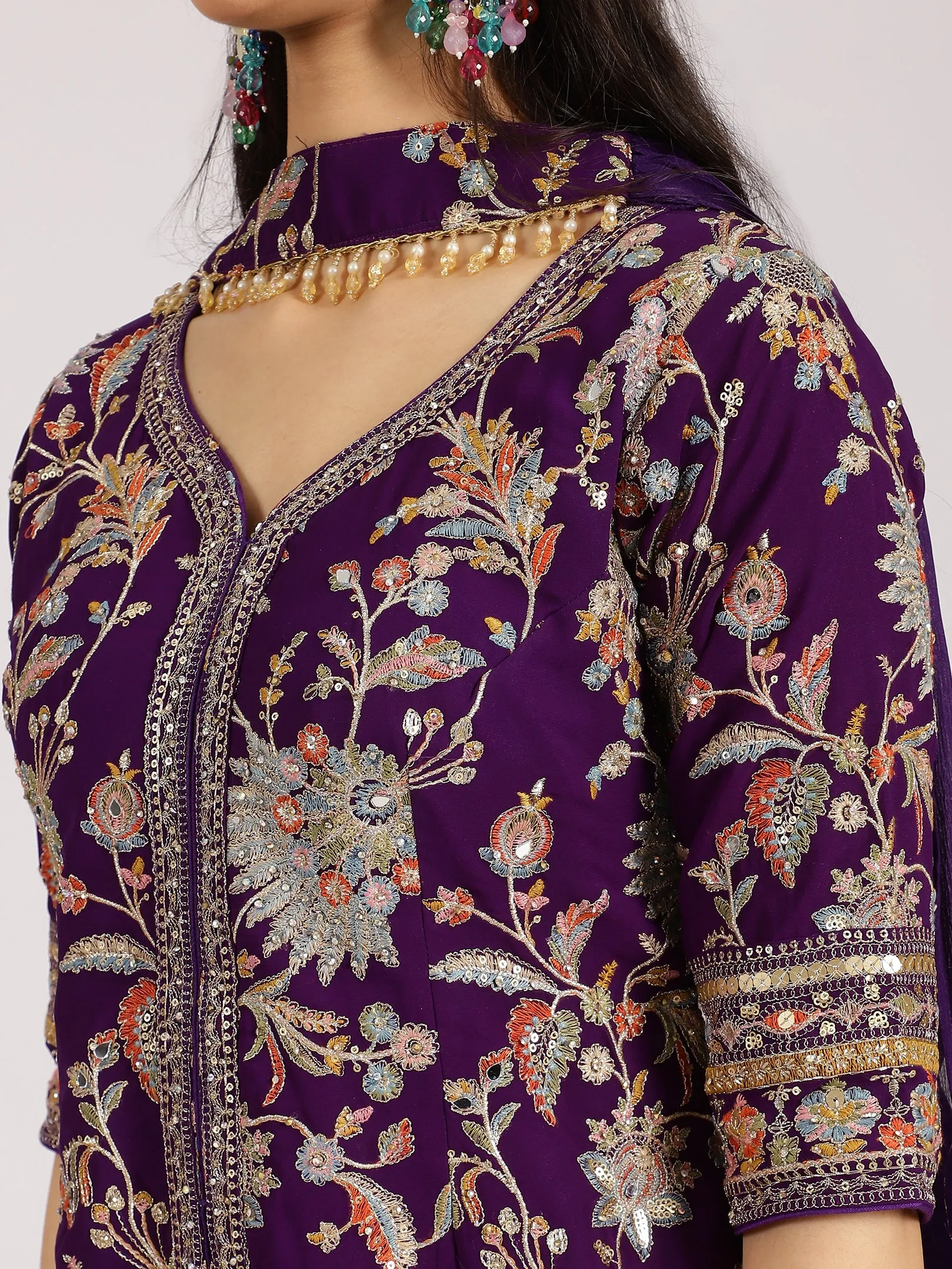 Purple Embroidered Jacket Style Georgette Sharara Suit Set