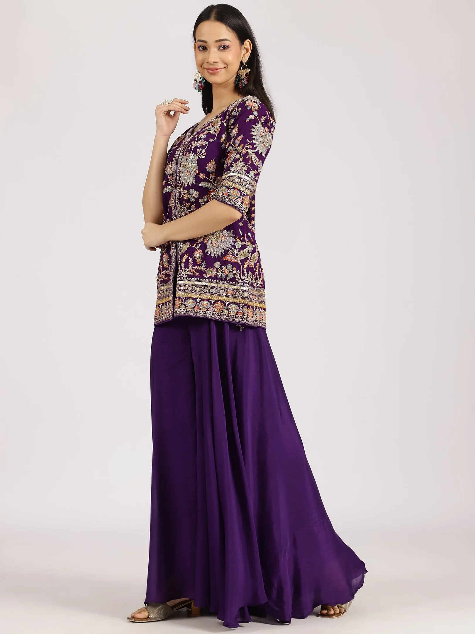Purple Embroidered Jacket Style Georgette Sharara Suit Set