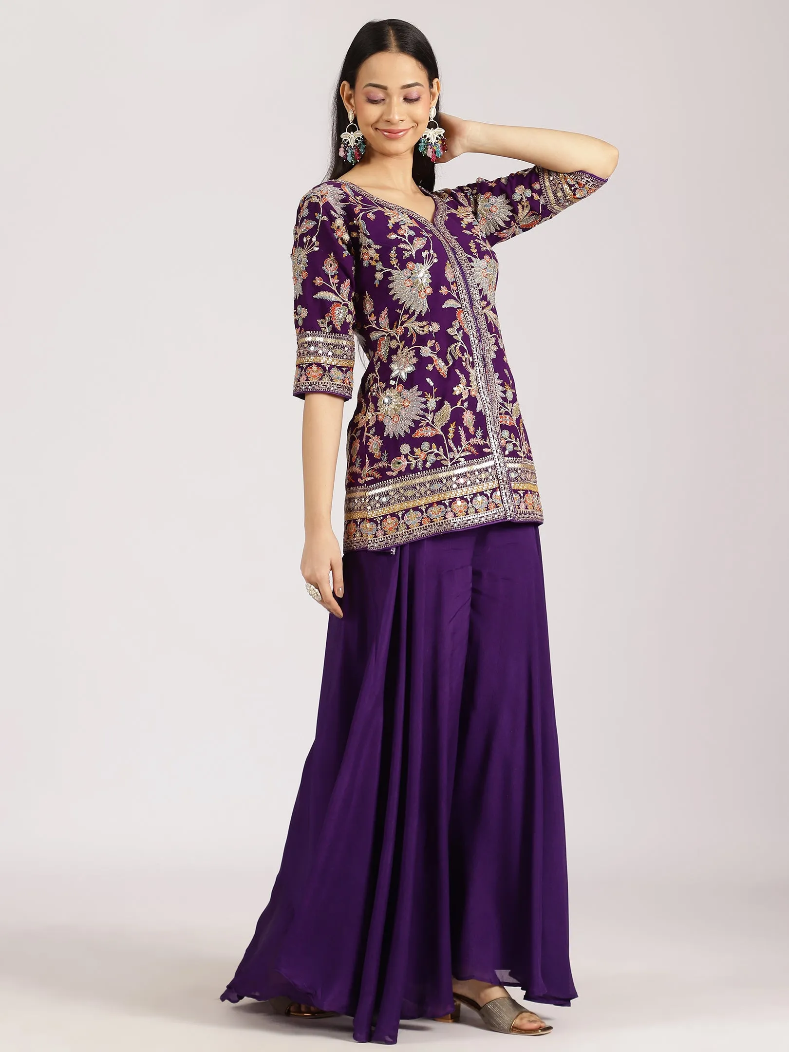 Purple Embroidered Jacket Style Georgette Sharara Suit Set