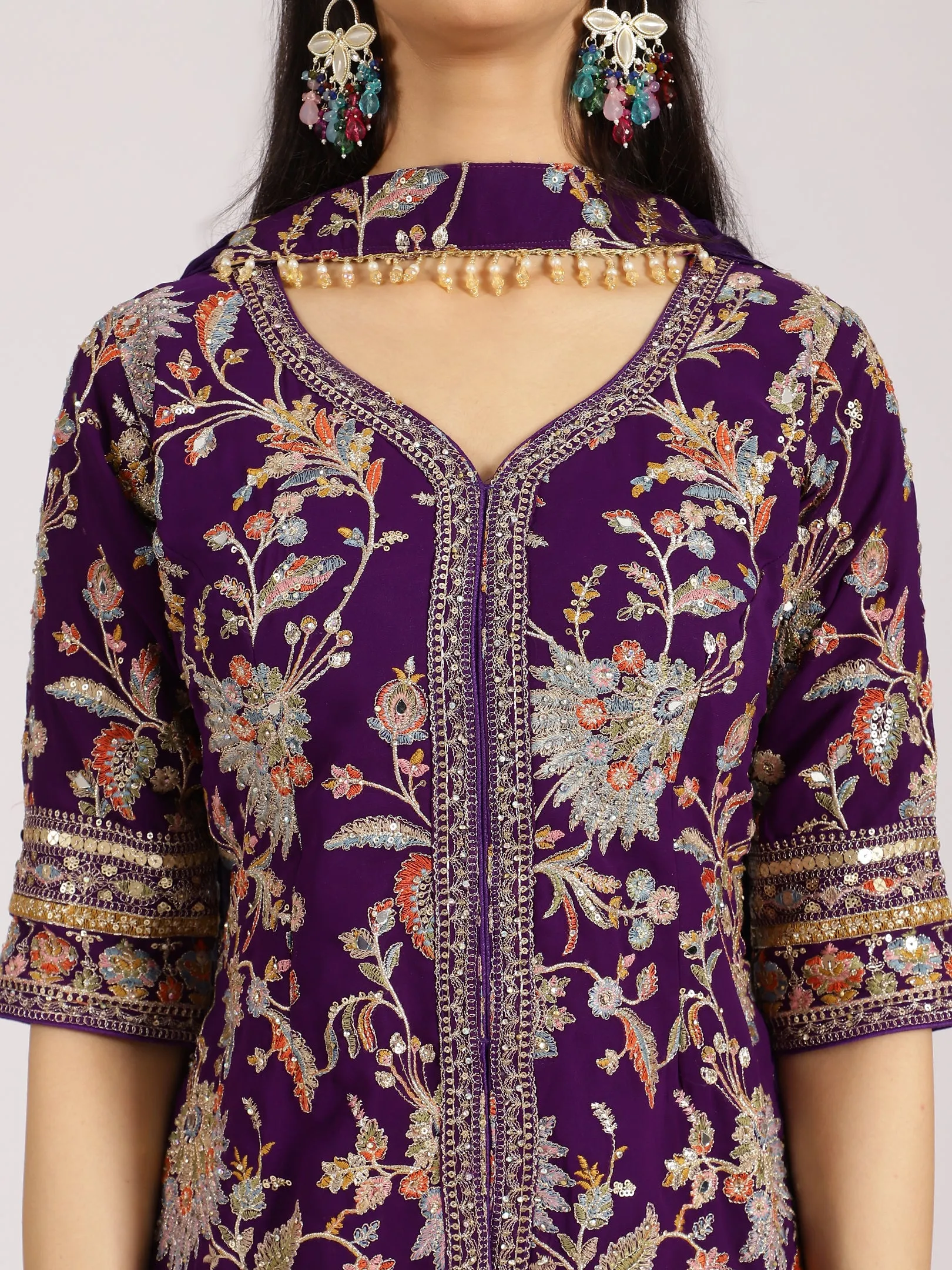 Purple Embroidered Jacket Style Georgette Sharara Suit Set