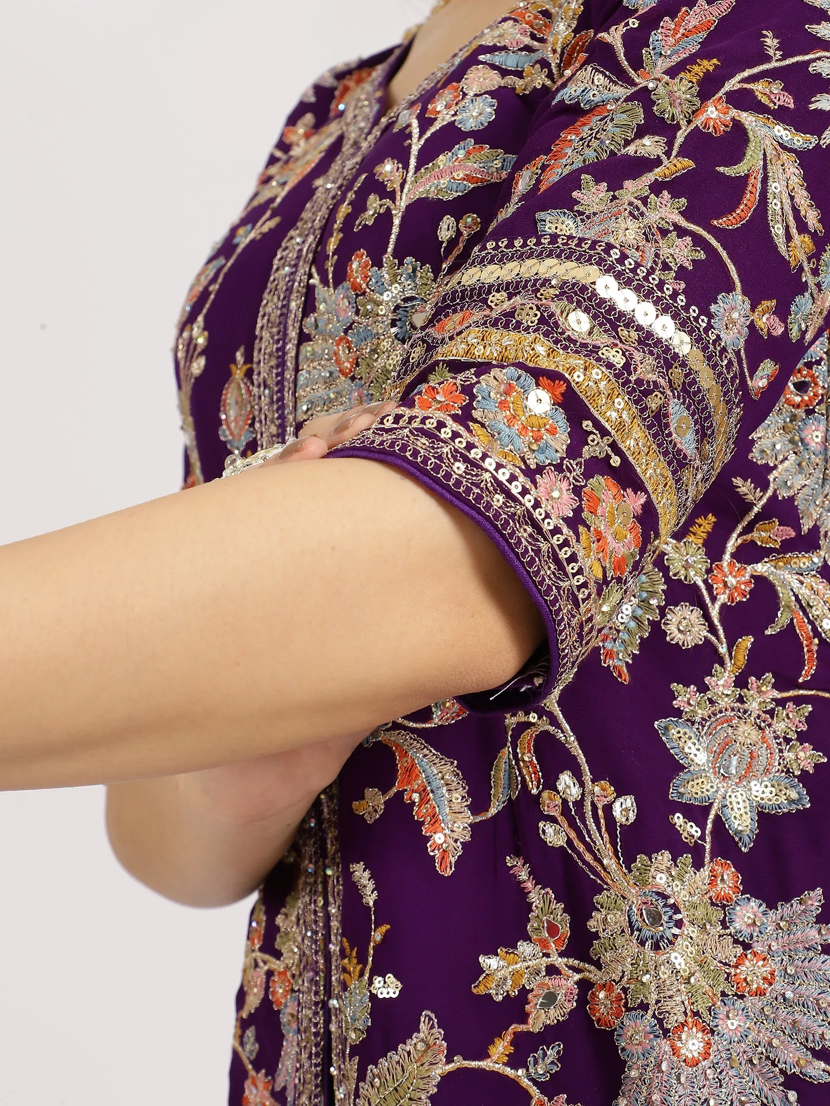 Purple Embroidered Jacket Style Georgette Sharara Suit Set