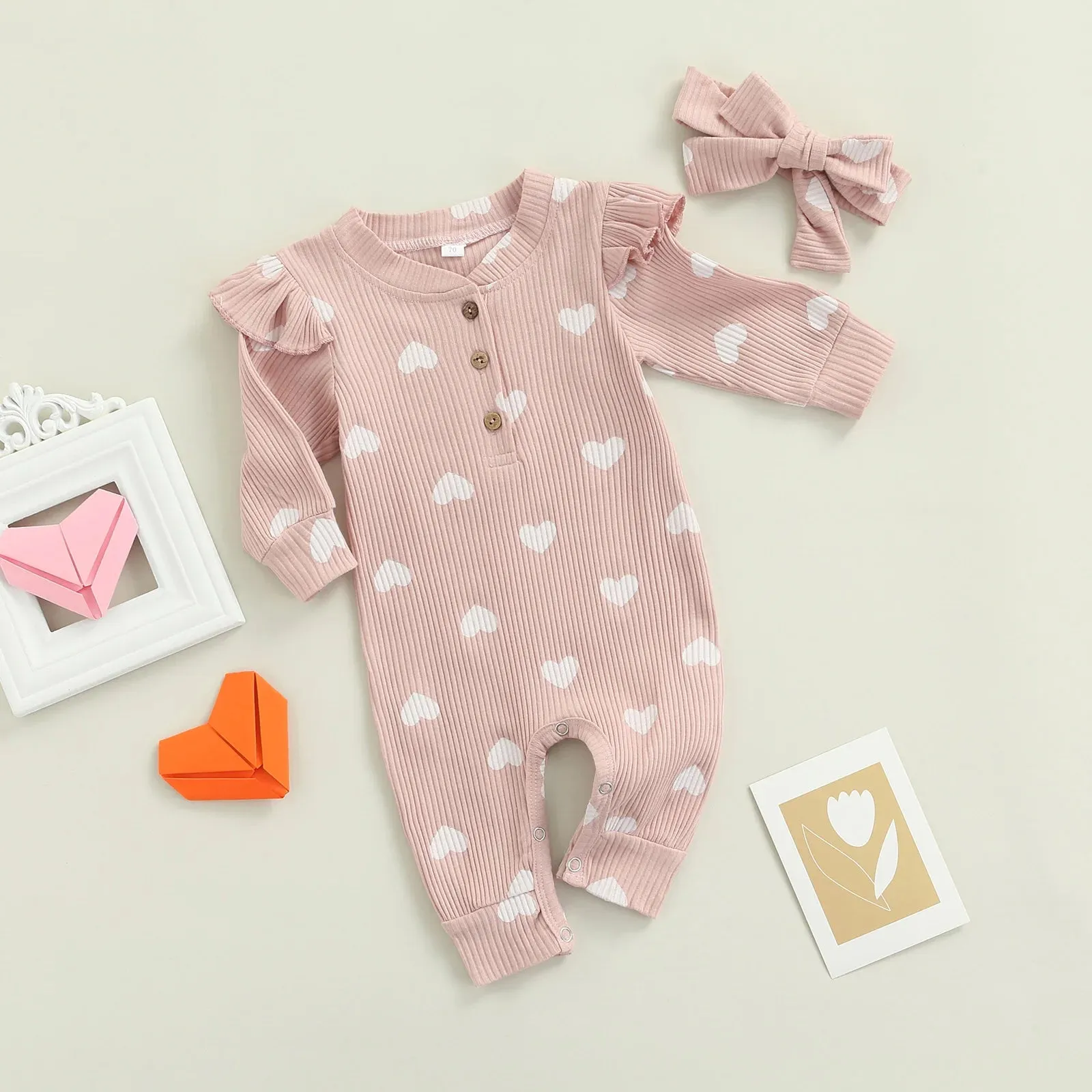 Ribbed Ruffle Heart Print Romper & Headwrap set