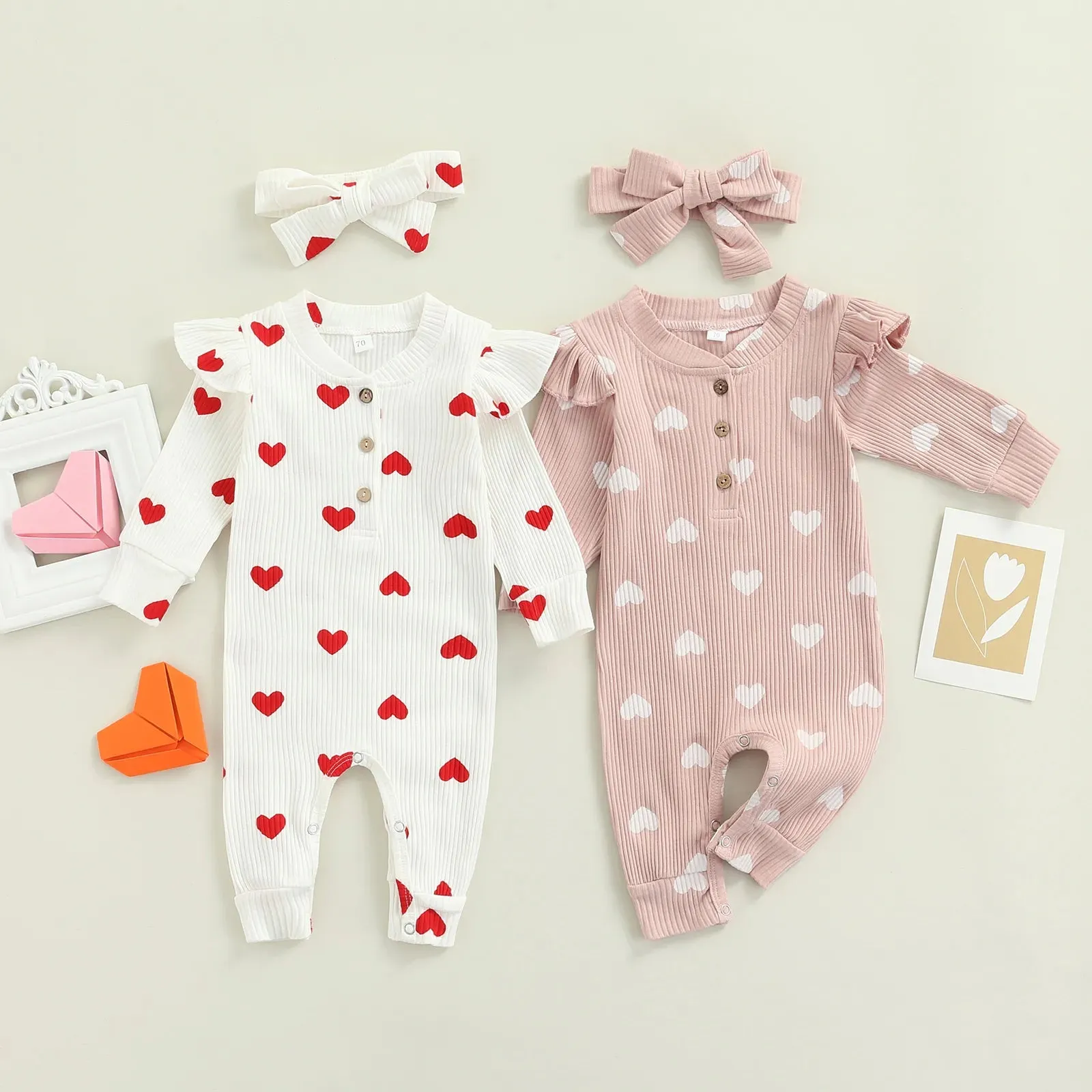 Ribbed Ruffle Heart Print Romper & Headwrap set