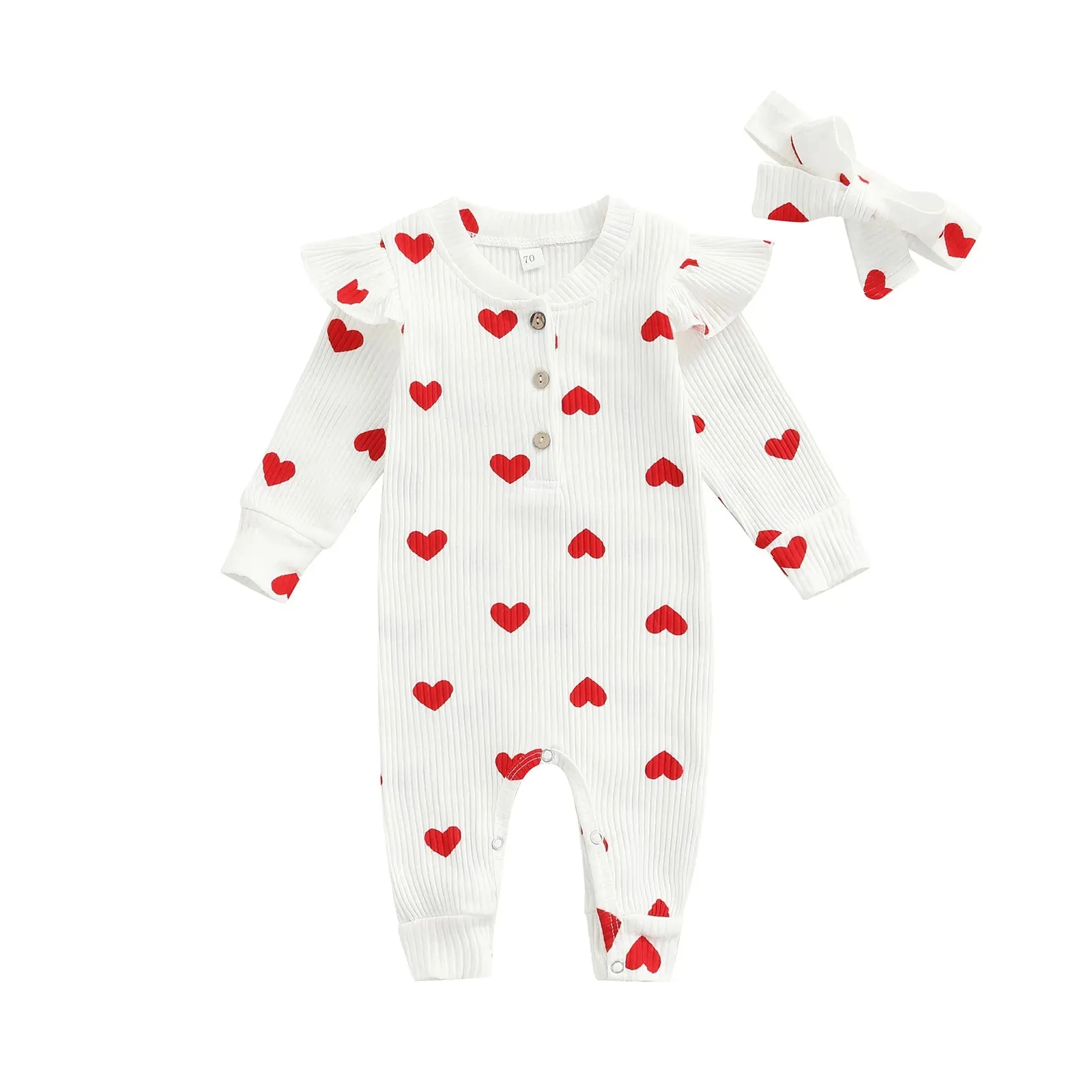 Ribbed Ruffle Heart Print Romper & Headwrap set