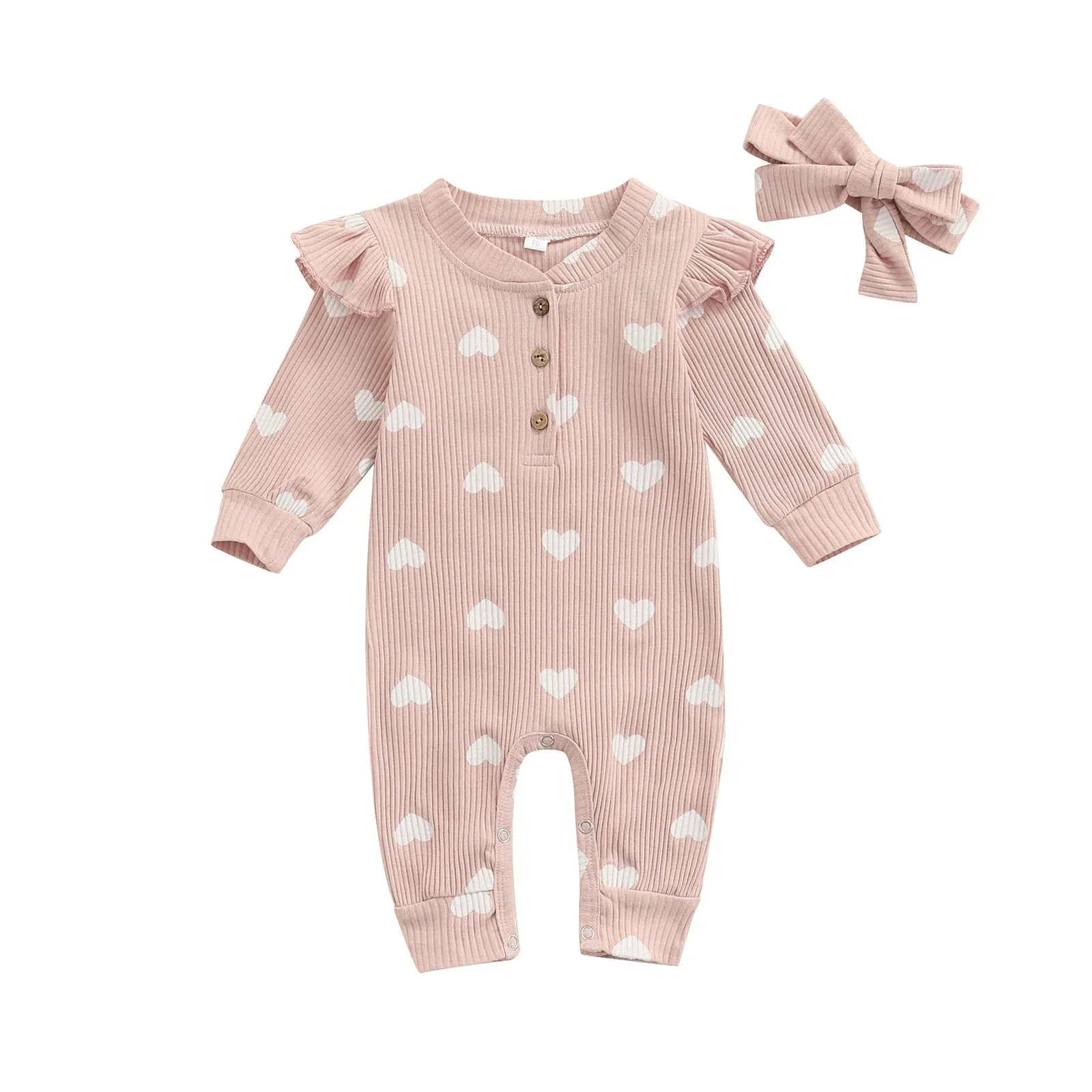 Ribbed Ruffle Heart Print Romper & Headwrap set