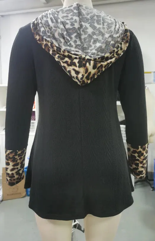 Rosega Plus Size Leopard Reiß verschluss Kapuze T-Shirts Mode lange Ärmel Color block Top Frauen Streetwear Kostüm T-Shirt Blusen 4xl
