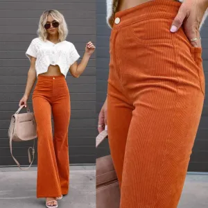 Solid Color Mid-Waist Slim-Fit Corduroy Micro Flared Bell Bottom Pants for Women