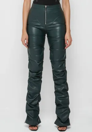 TACKED VEGAN LEATHER FLARED PANTS - DARK GREEN