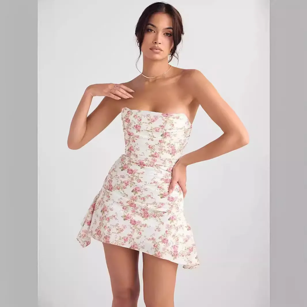 Toleet Shoulder Mini Dress off-Neck Tube Top Slim French Short Skirt Mint Green
