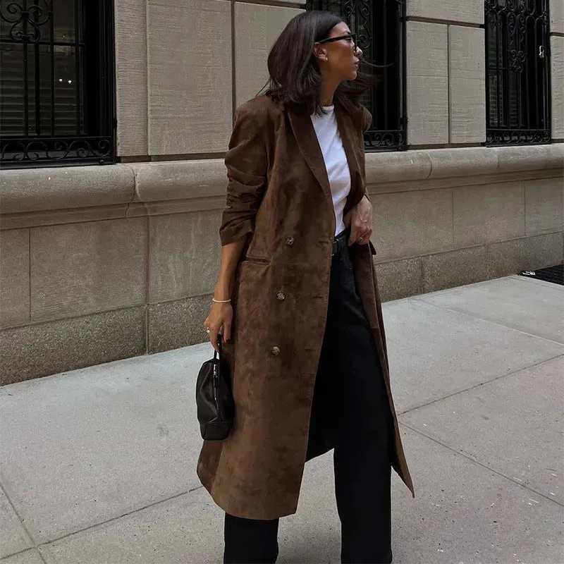 Vintage Revers Zweireiher Damen mäntel lässig solide Langarm jacken für Frau Herbst Winter lange schicke Streetwear ﻿Tops