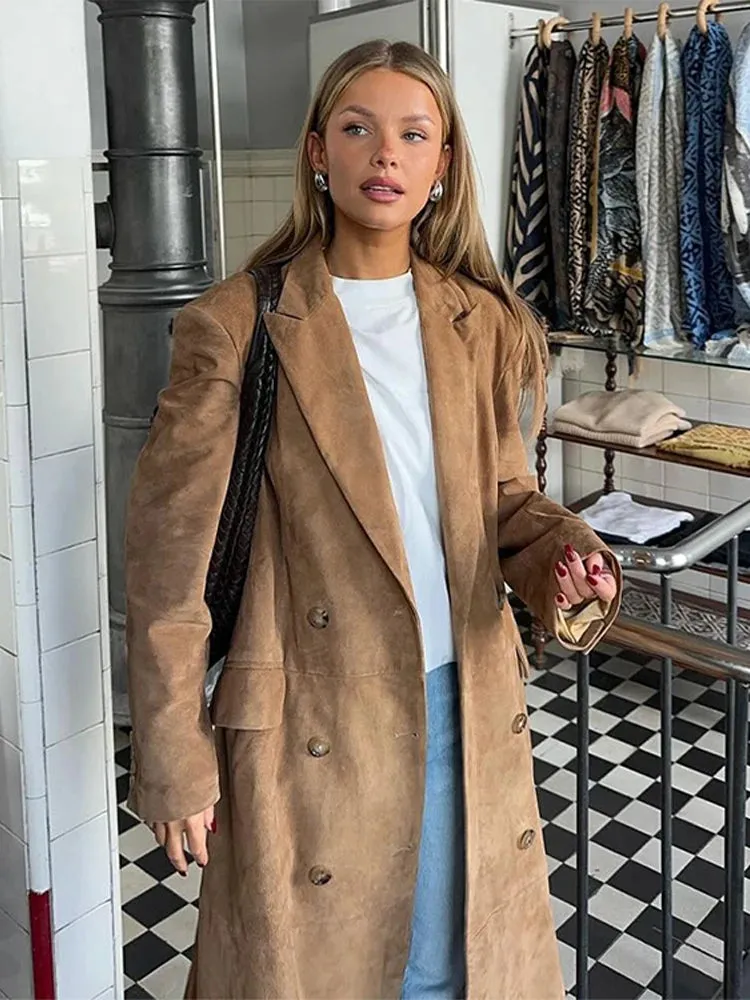 Vintage Revers Zweireiher Damen mäntel lässig solide Langarm jacken für Frau Herbst Winter lange schicke Streetwear ﻿Tops