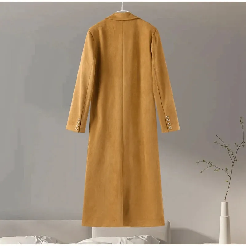 Vintage Revers Zweireiher Damen mäntel lässig solide Langarm jacken für Frau Herbst Winter lange schicke Streetwear ﻿Tops