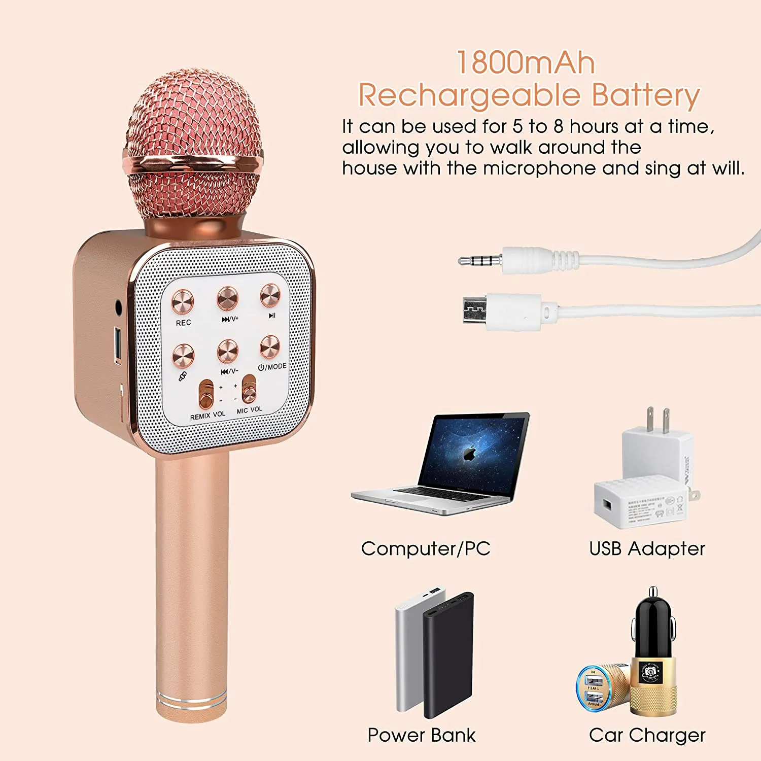 Wireless Karaoke Microphone, Bluetooth Music Player with LED Light, Portable Live Stream Singing Microphone, Birthday for Kids Adults