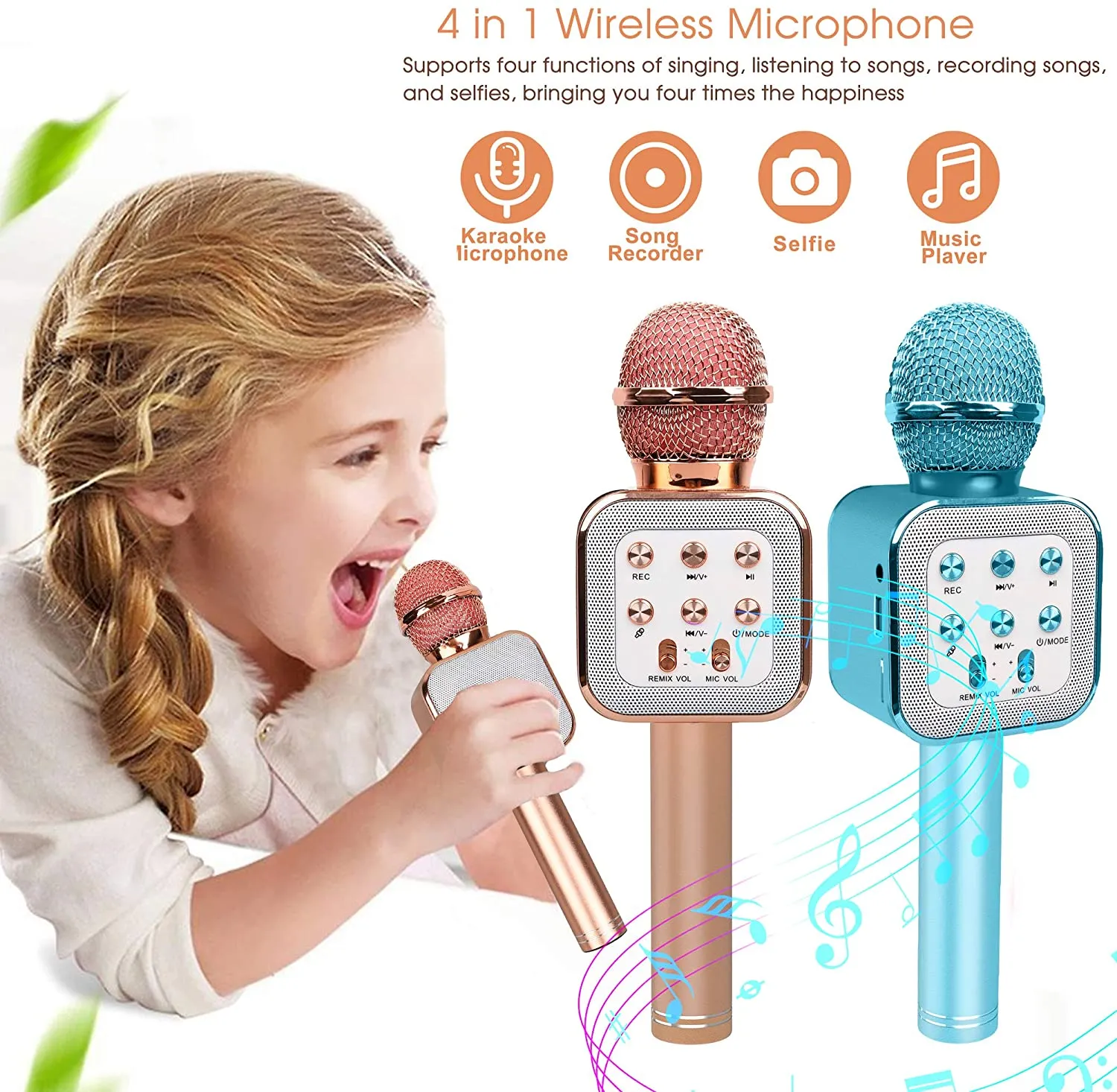 Wireless Karaoke Microphone, Bluetooth Music Player with LED Light, Portable Live Stream Singing Microphone, Birthday for Kids Adults