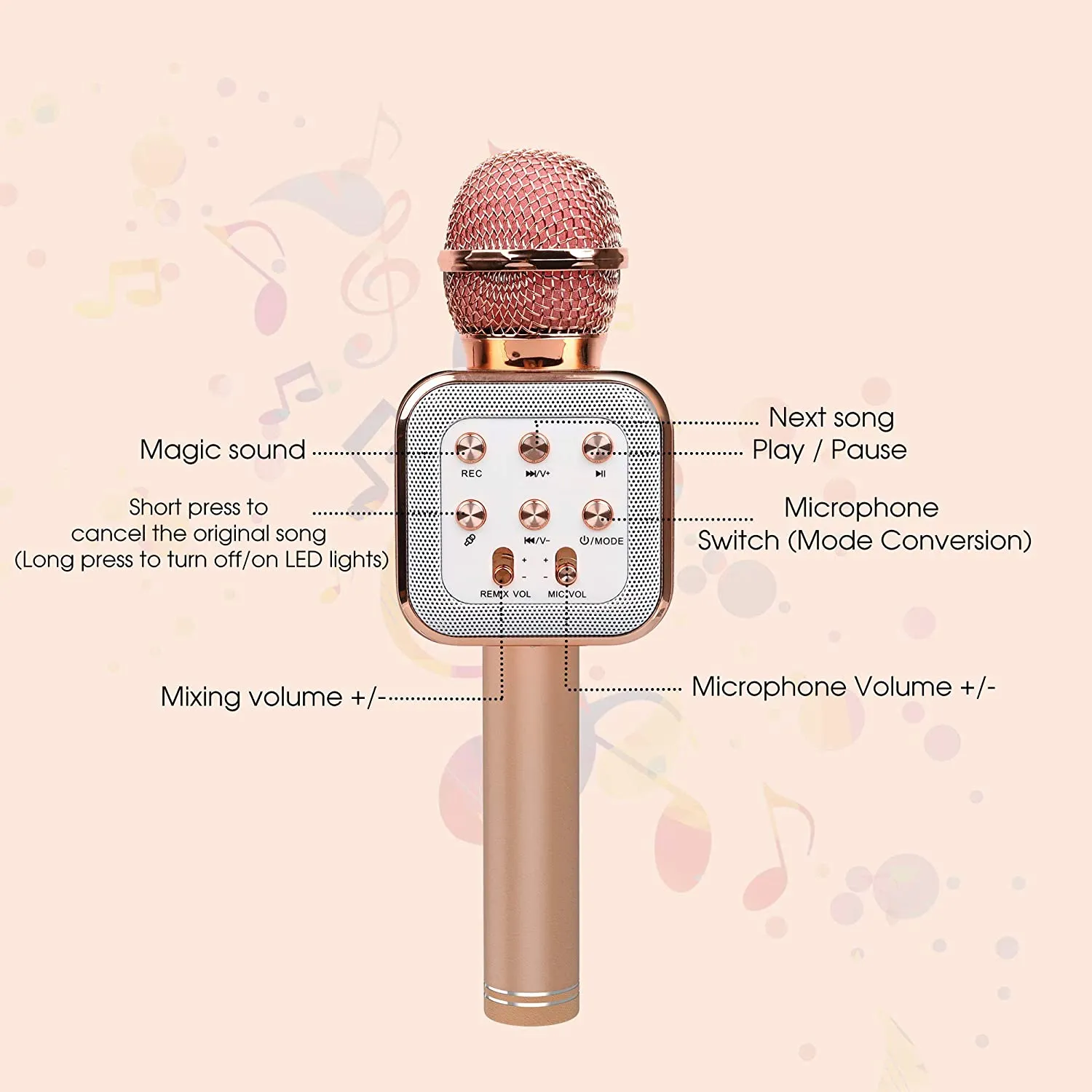 Wireless Karaoke Microphone, Bluetooth Music Player with LED Light, Portable Live Stream Singing Microphone, Birthday for Kids Adults