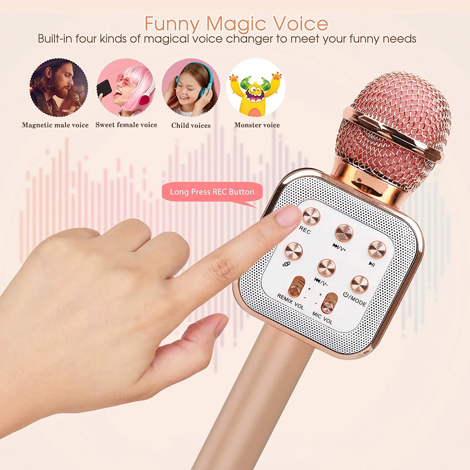 Wireless Karaoke Microphone, Bluetooth Music Player with LED Light, Portable Live Stream Singing Microphone, Birthday for Kids Adults